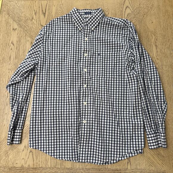 Izod Men’s Large Blue Checker Gingham Easy‎ Care Long Sleeve Button Front Shirt - Picture 1 of 8